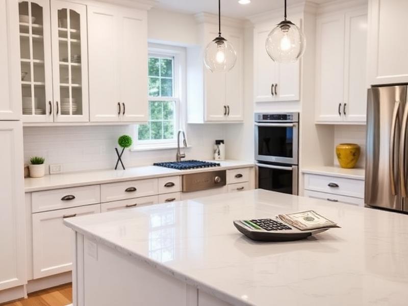 Average US kitchen with white shaker cabinets, quartz counters and a calculator on the island