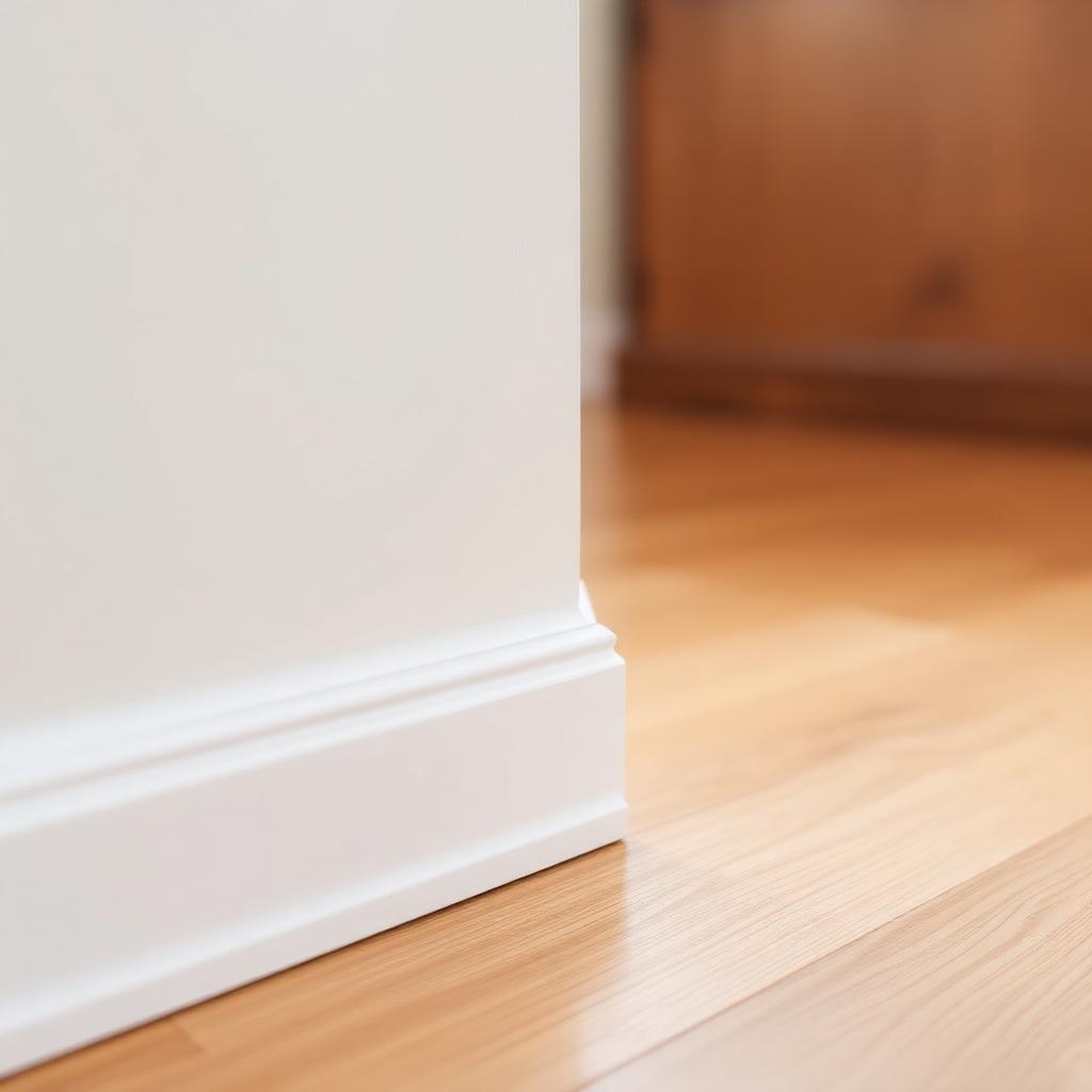 White painted baseboard trim molding along an interior wall meeting hardwood floor