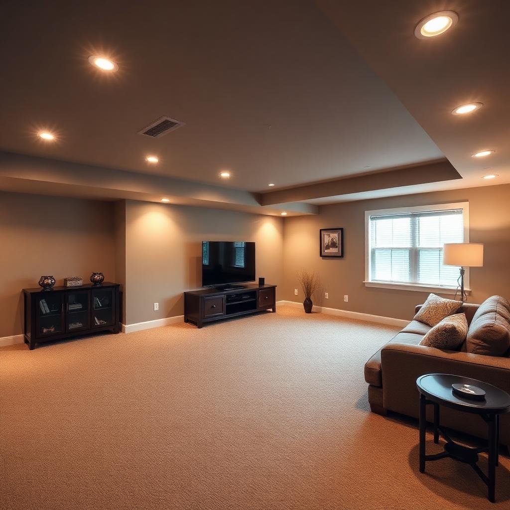 Finished basement family room with recessed lighting, carpet flooring and modern furniture