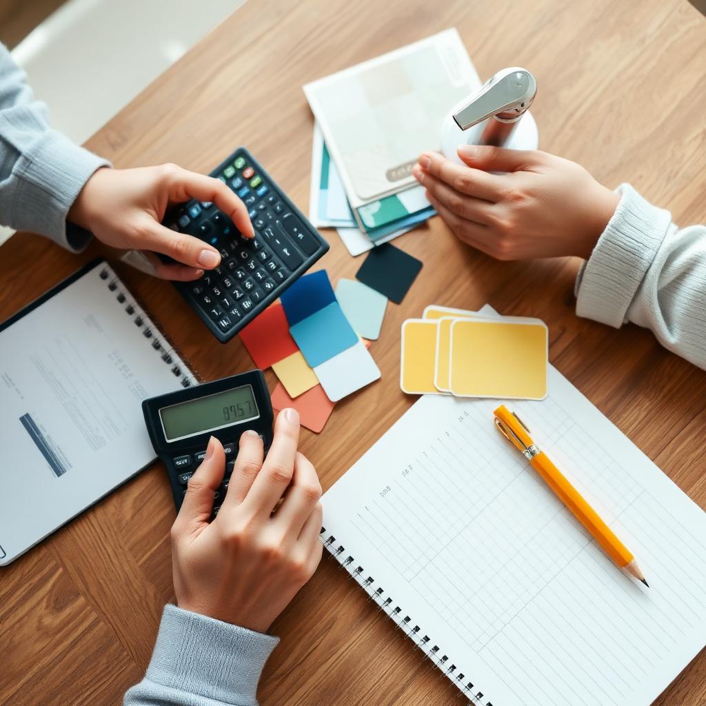 Homeowner planning bathroom renovation budget with calculator, tile samples and paint chips on a wood table