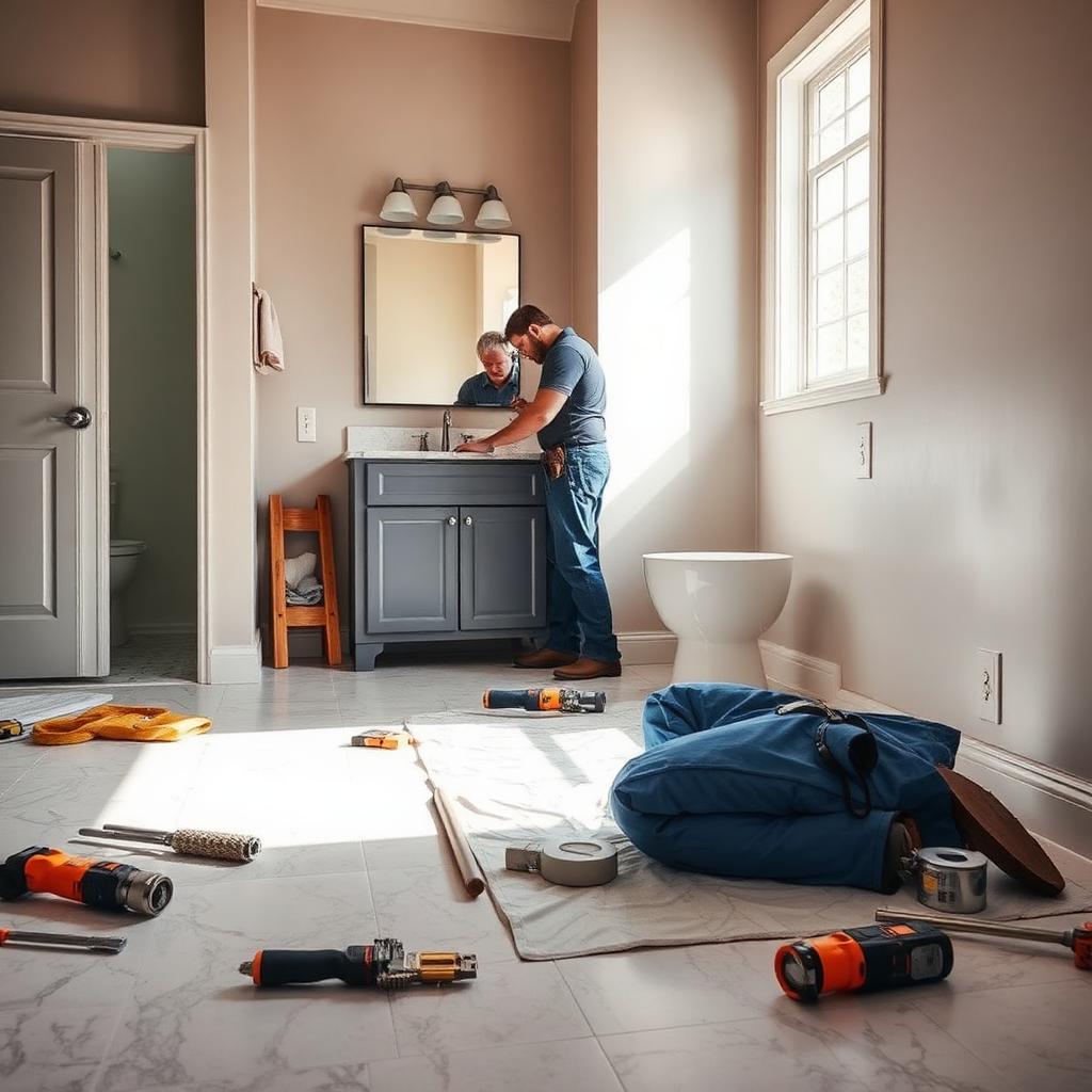 Contractor and plumber working during a bathroom remodel with tools spread on floor