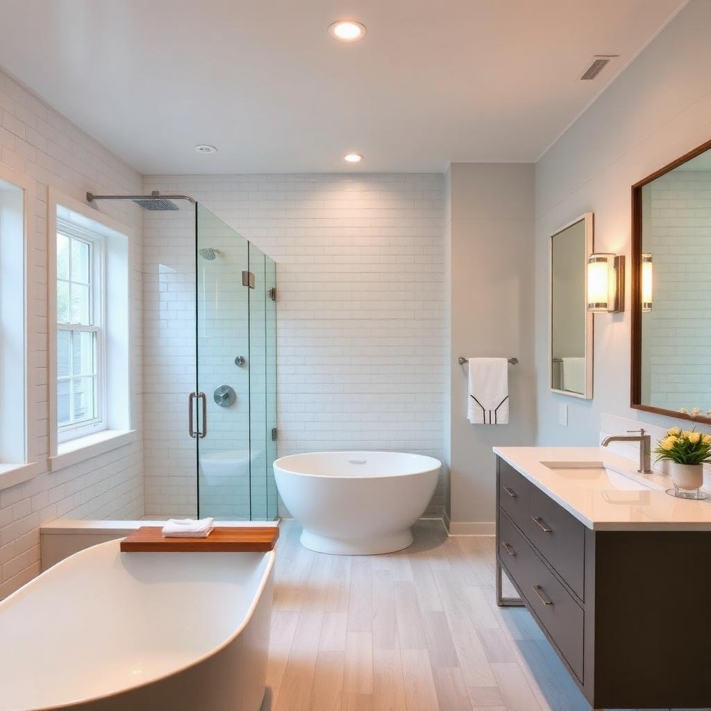 Modern remodeled bathroom with white subway tile, glass shower and freestanding tub