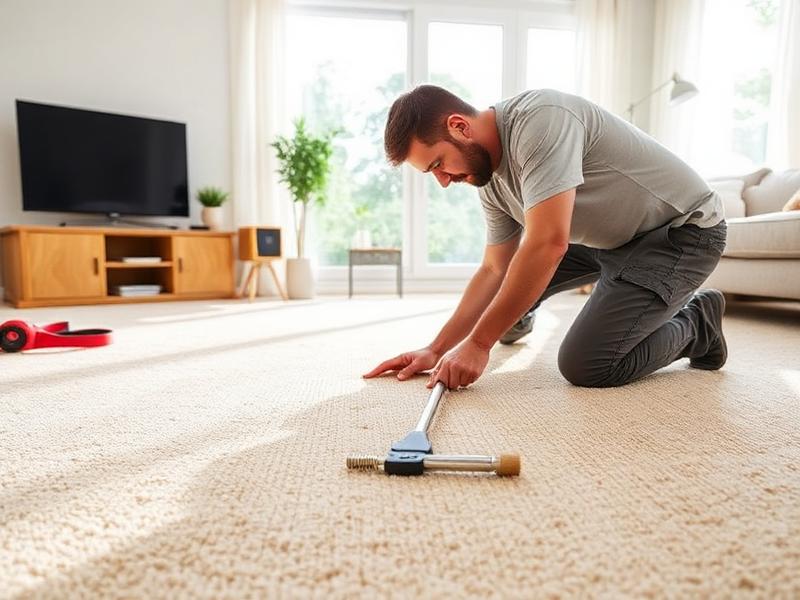 Professional carpet installer stretching new plush carpet in a bright living room