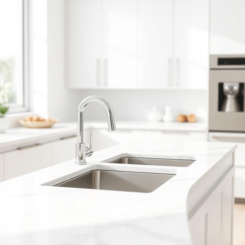White quartz kitchen countertop with stainless undermount sink