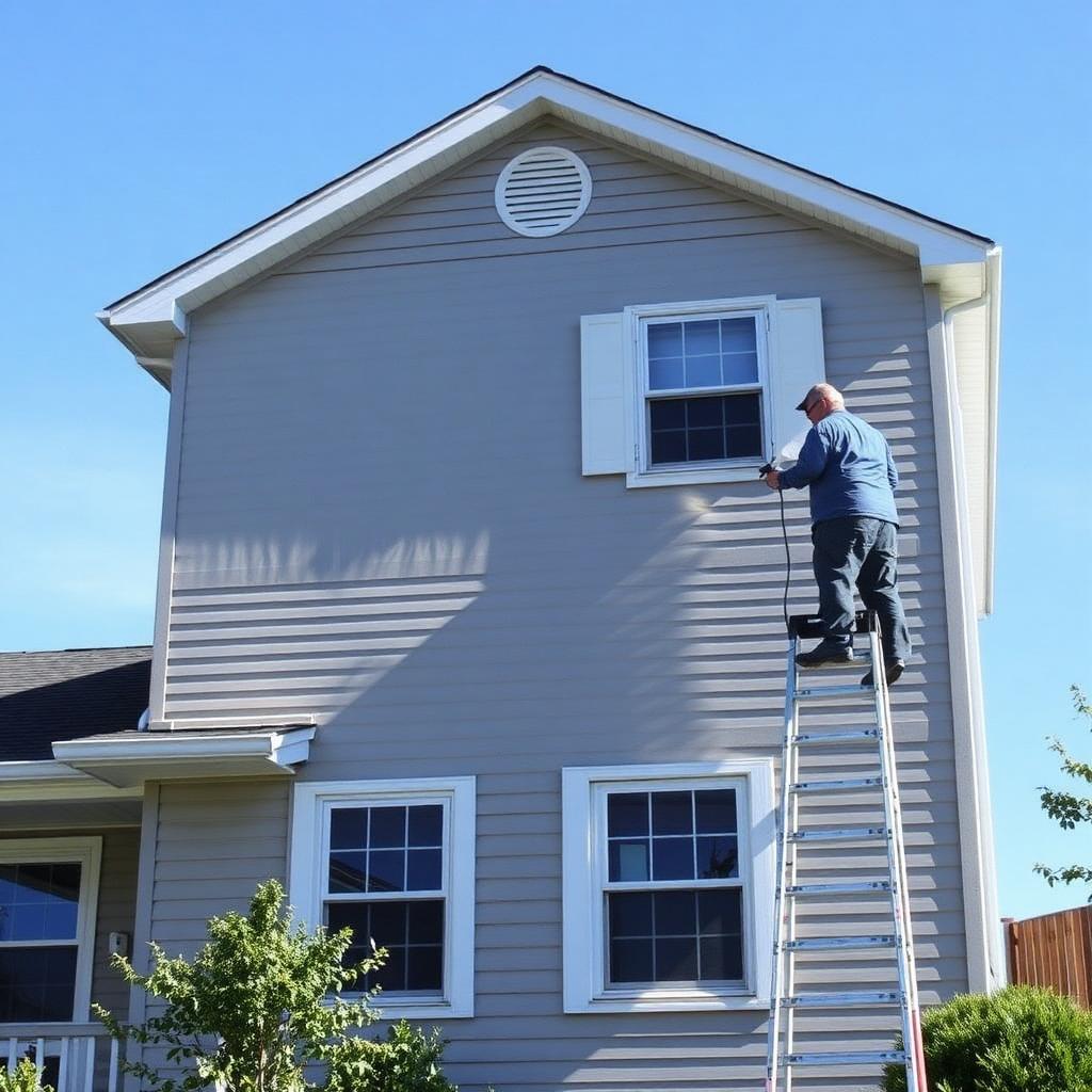 Painter on ladder painting exterior of two-story American home