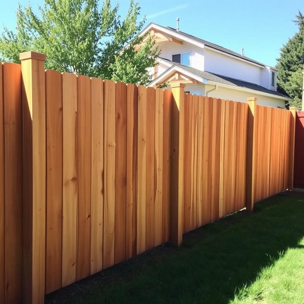 Newly installed cedar privacy fence panels along a backyard with green grass