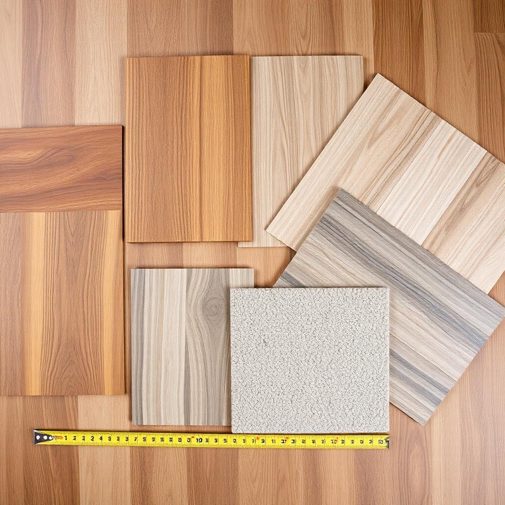 Flooring material samples: hardwood, luxury vinyl plank, tile, laminate and carpet with measuring tape