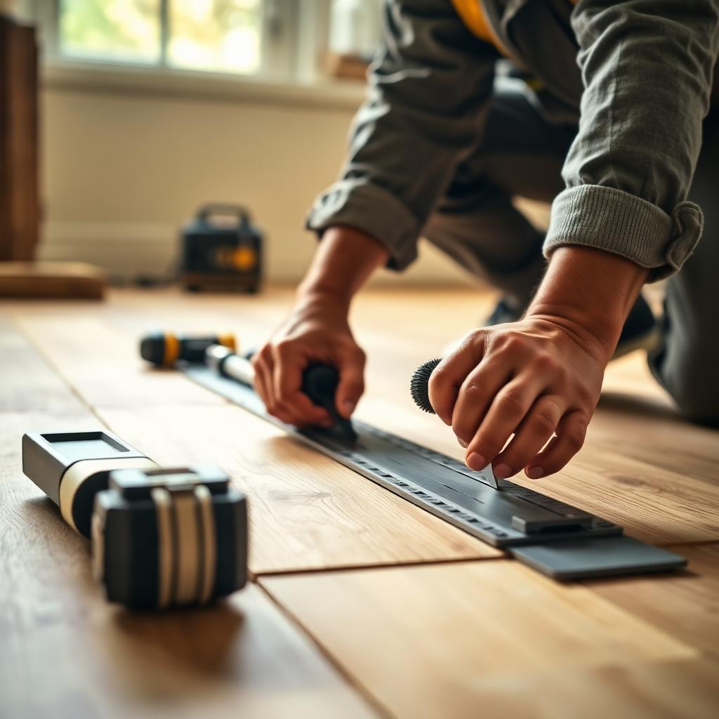 Professional flooring installer laying wood planks with tools on subfloor