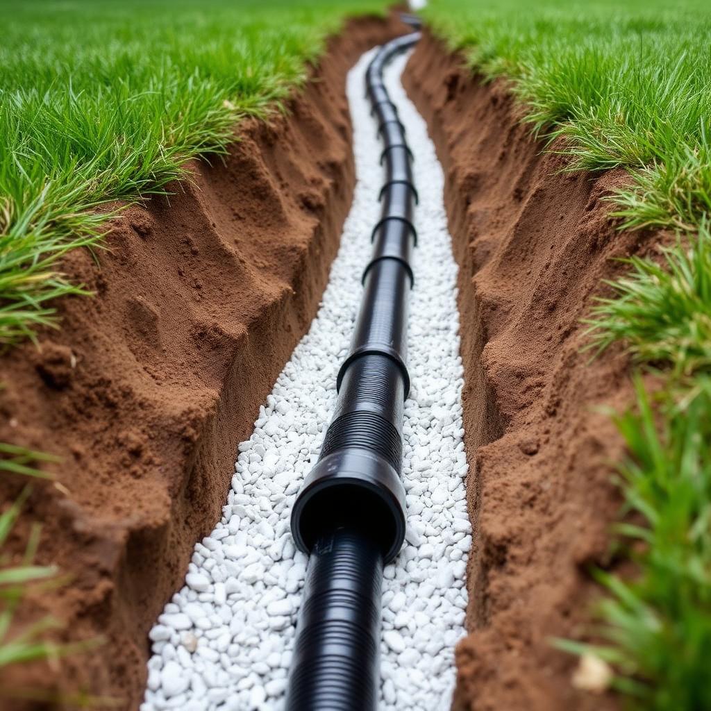 French drain trench lined with geotextile fabric and filled with white washed drainage gravel and a perforated pipe