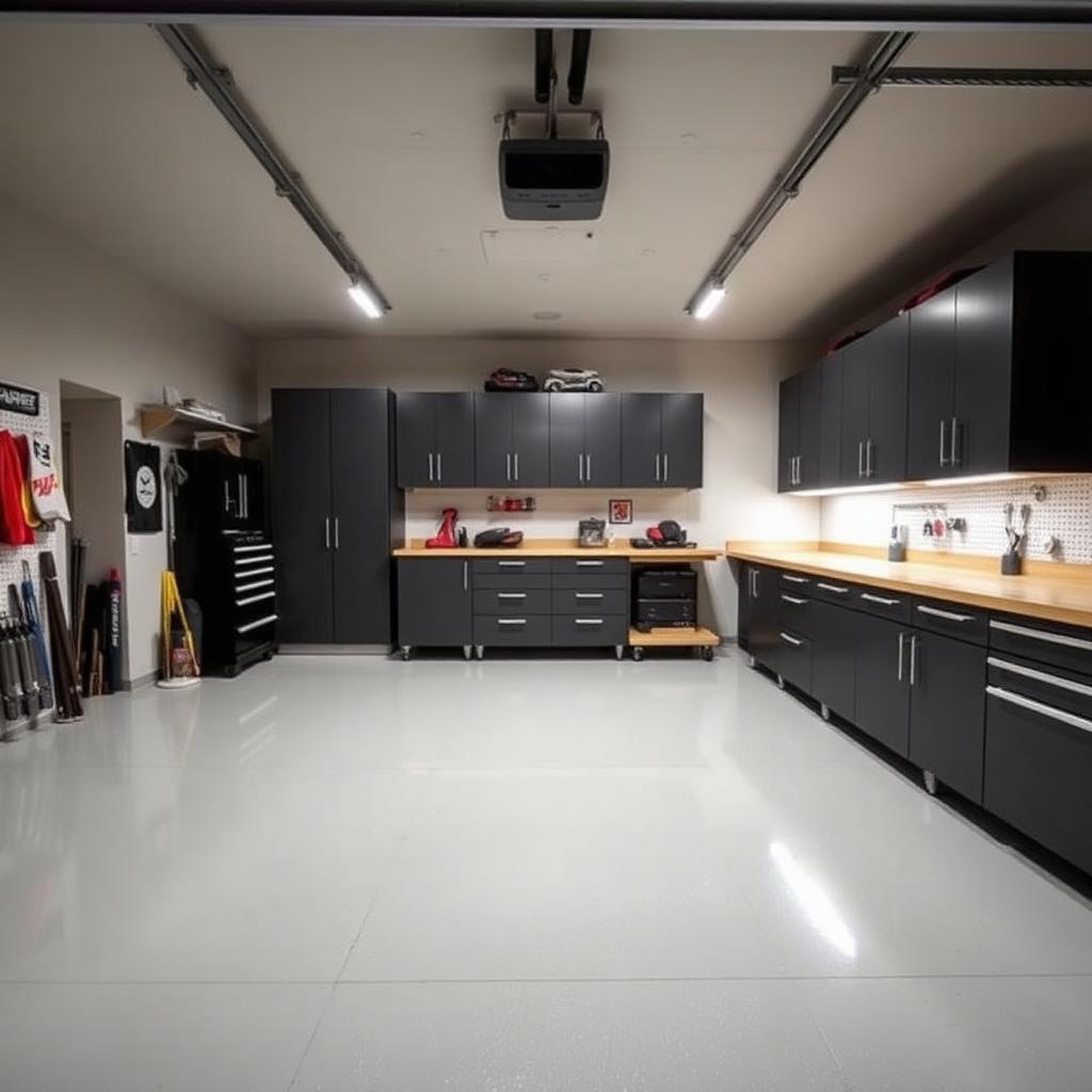 Remodeled garage with epoxy floor, gray storage cabinets, workbench and bright lighting