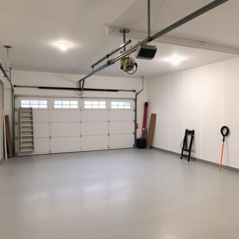 Freshly renovated garage interior with new drywall, epoxy floor and upgraded lighting