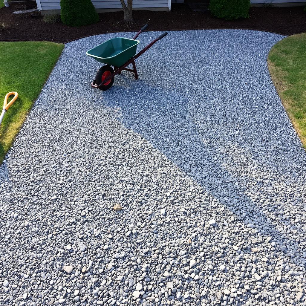 Crushed stone gravel driveway with wheelbarrow leading up to a suburban home