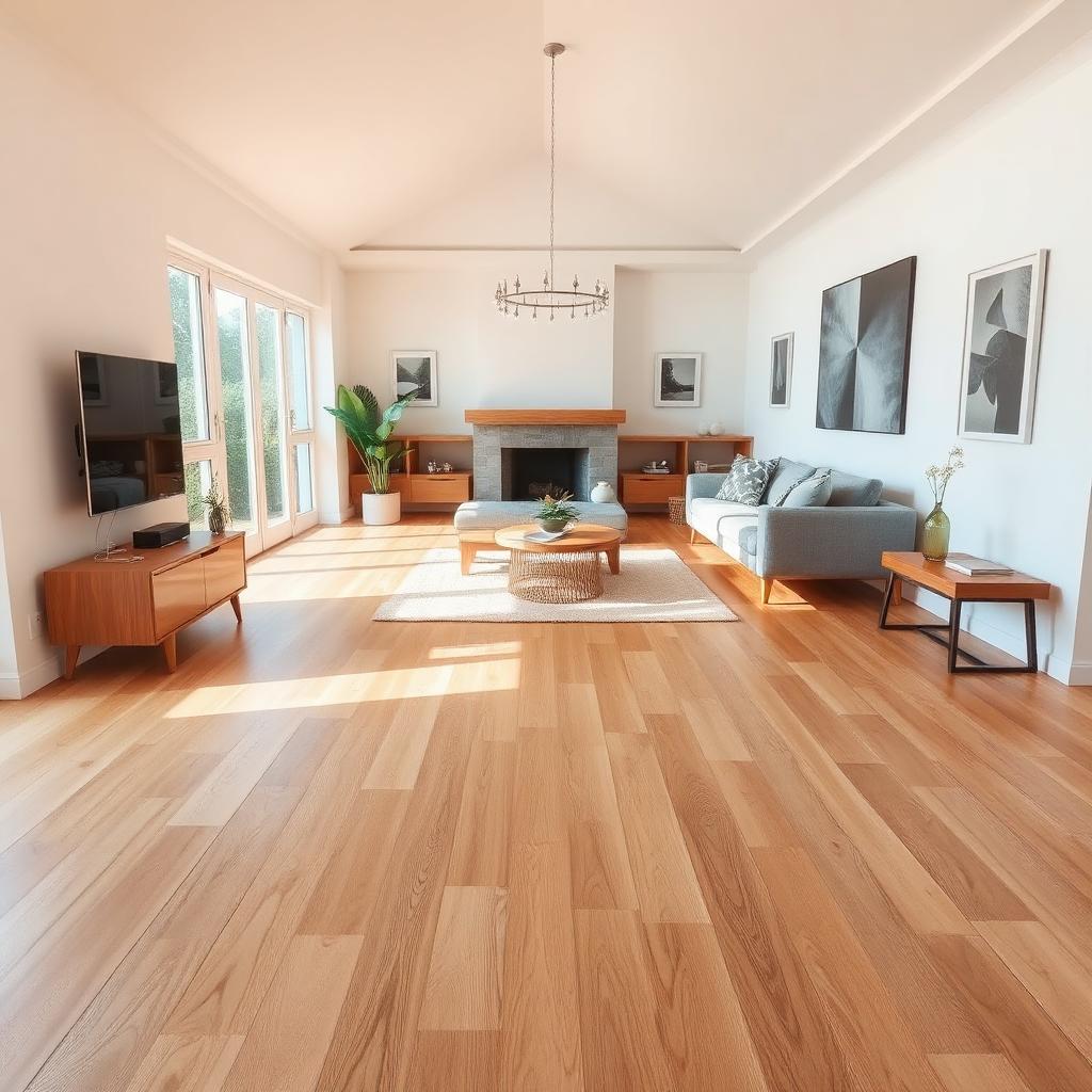 Bright living room with newly installed oak hardwood flooring