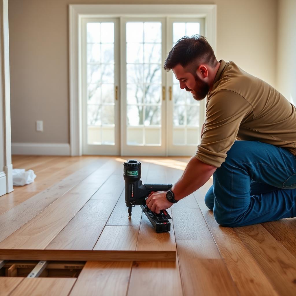 Installer nailing down solid oak hardwood flooring in a bright room