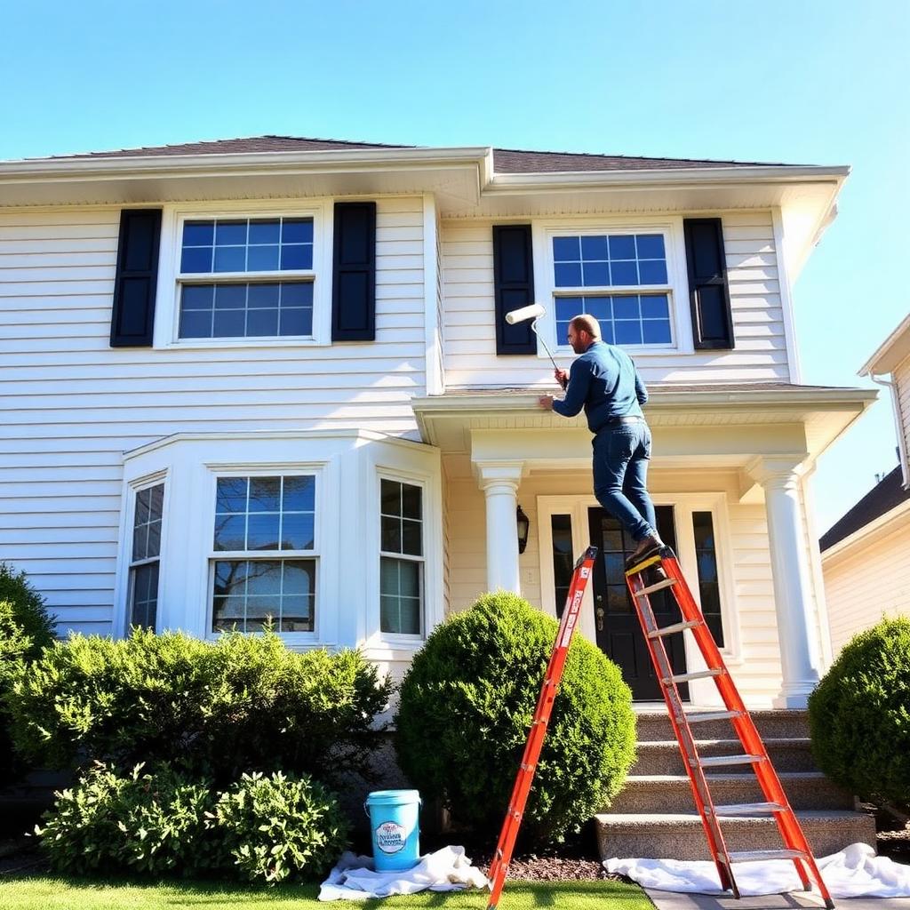 Painter on ladder painting exterior of two-story American house on sunny day
