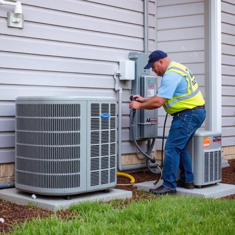 HVAC technician installing a new central air conditioner condenser next to a home