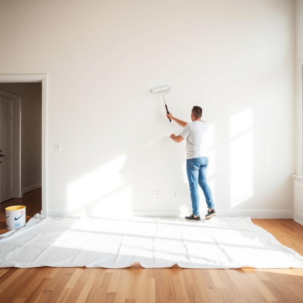 Painter rolling fresh white paint on interior wall in bright room