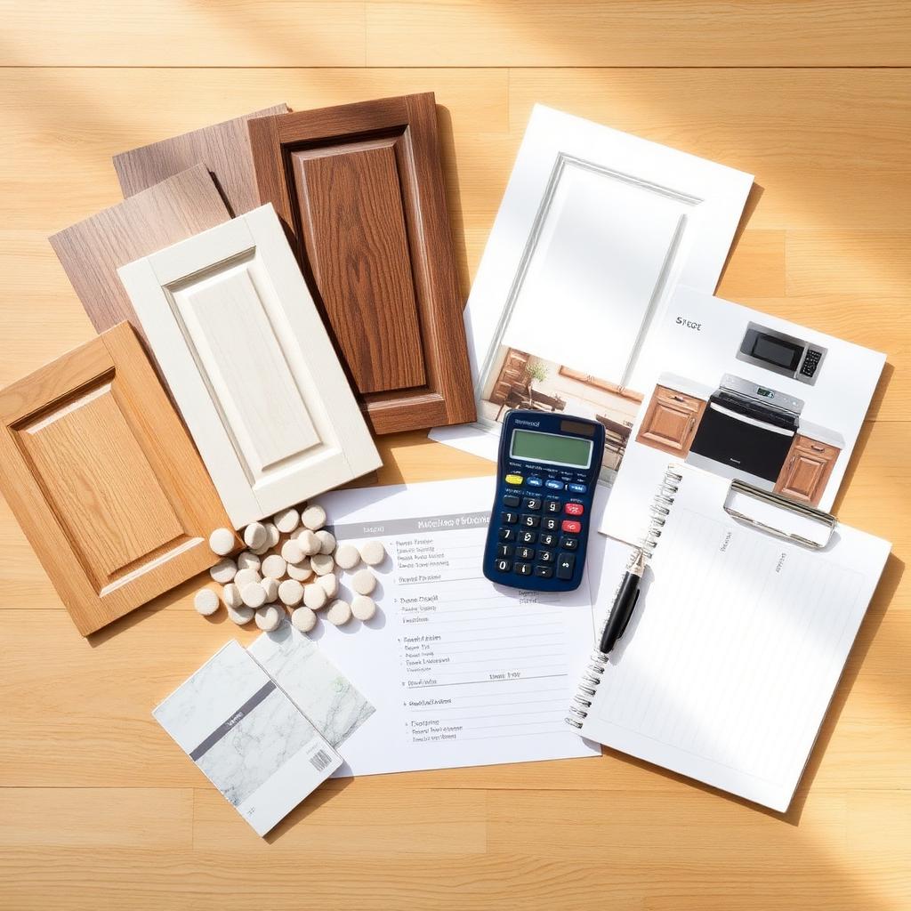Kitchen remodel budget planning flat lay with cabinet door samples, quartz chips, calculator and notepad
