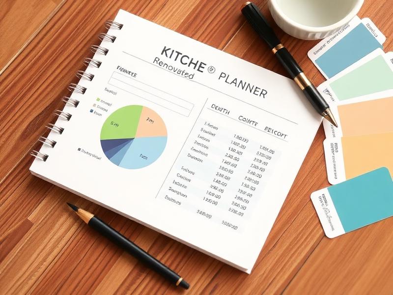 Kitchen renovation budget planner notebook with pie chart and paint swatches