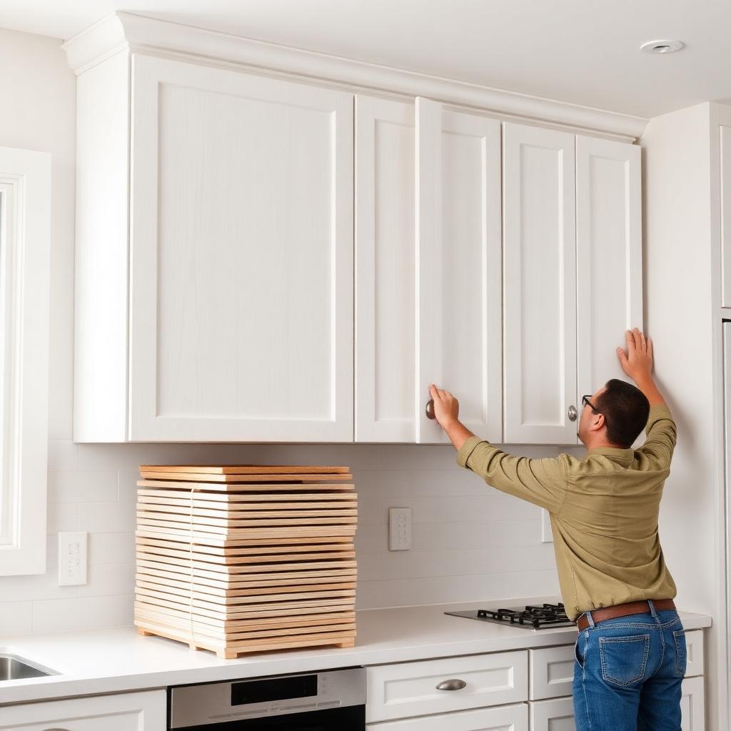 Carpenter installing new white shaker upper cabinets in a bright kitchen