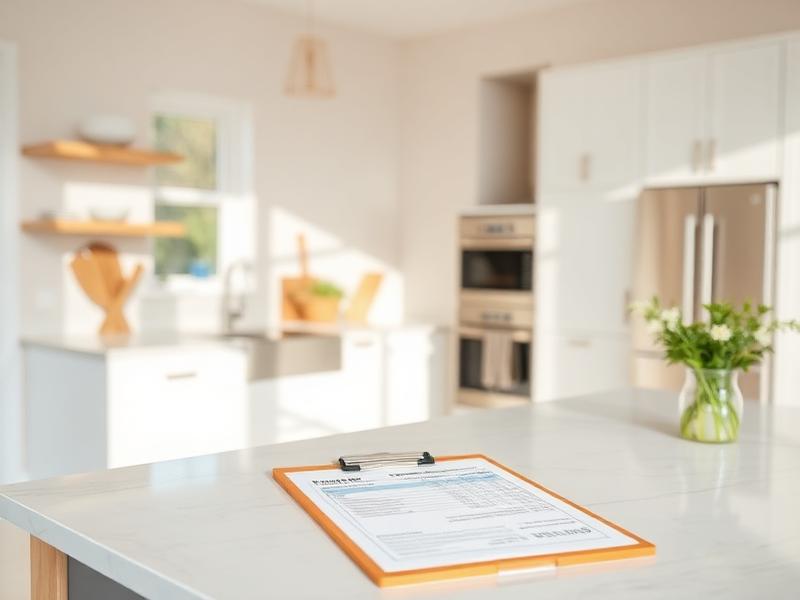 Bright kitchen with a printed cost estimate clipboard on the island
