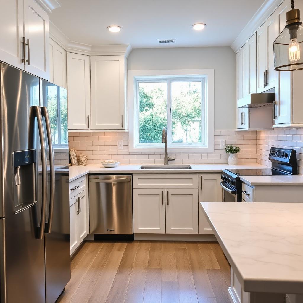 Modern remodeled kitchen with white shaker cabinets, quartz countertops and stainless appliances