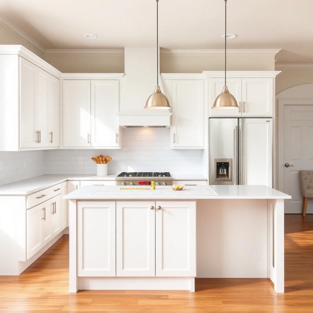 Renovated kitchen with white shaker cabinets, quartz counters and tape measure on the island
