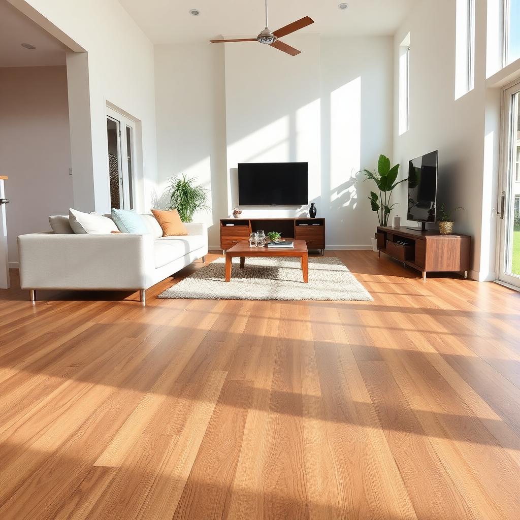 Living room with newly installed laminate wood flooring in warm oak tone