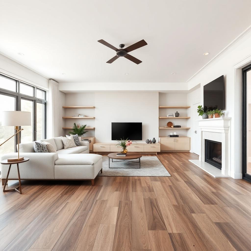 Modern living room with luxury vinyl plank flooring installed in wide planks
