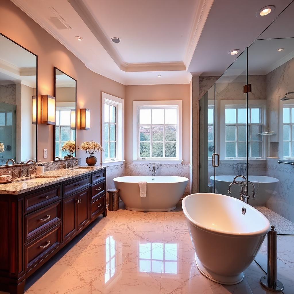 Luxurious master bathroom with double vanity, freestanding tub, walk-in glass shower and marble tile floor