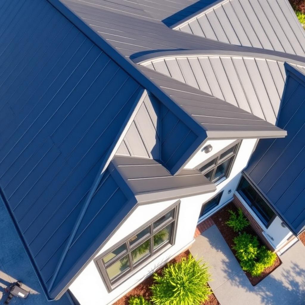 Aerial view of a home with a charcoal standing seam metal roof