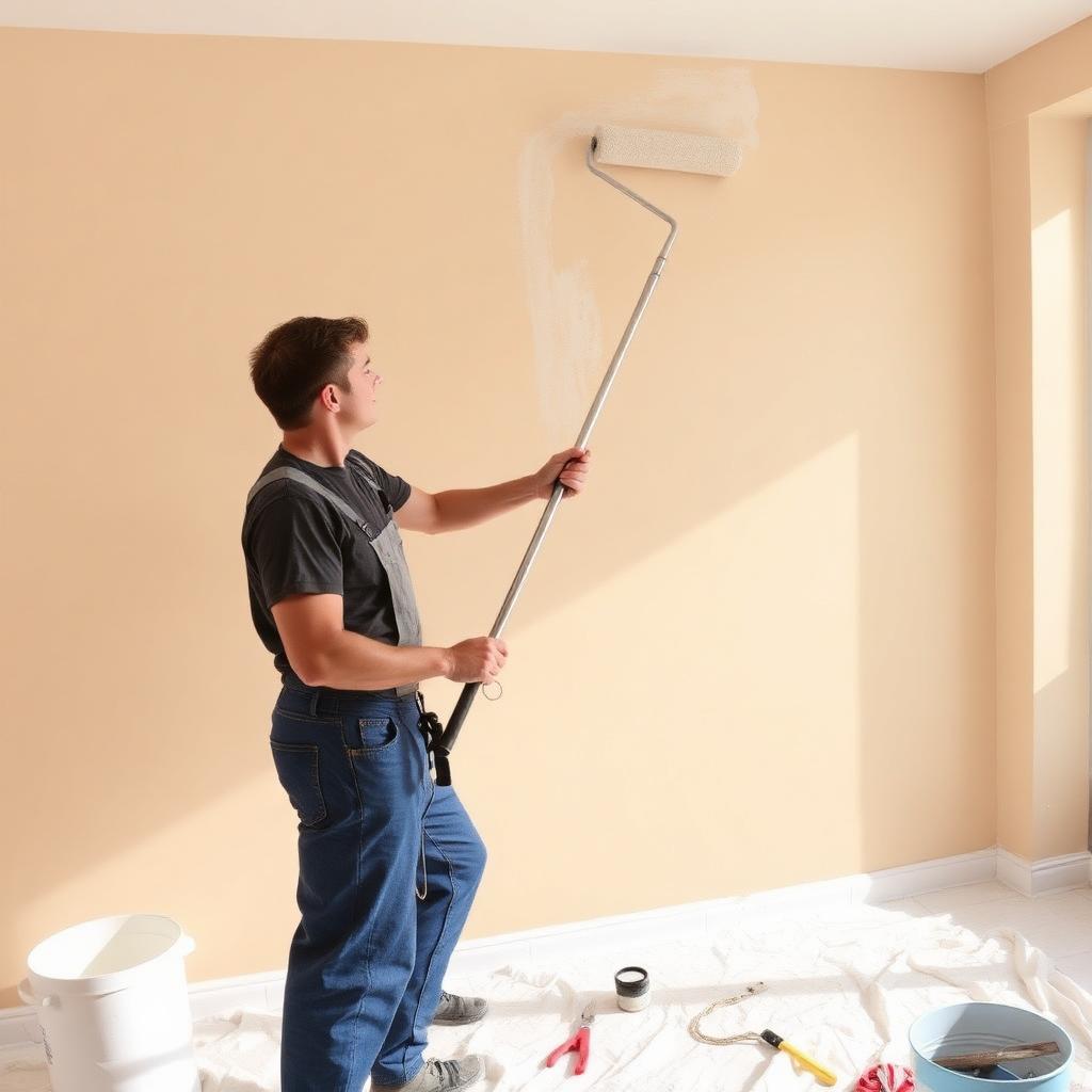 Painter with roller on extension pole painting interior wall