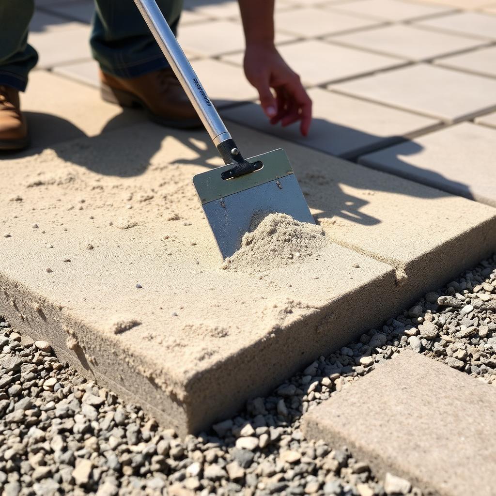 Contractor screeding washed concrete bedding sand over a compacted gravel base before laying patio pavers
