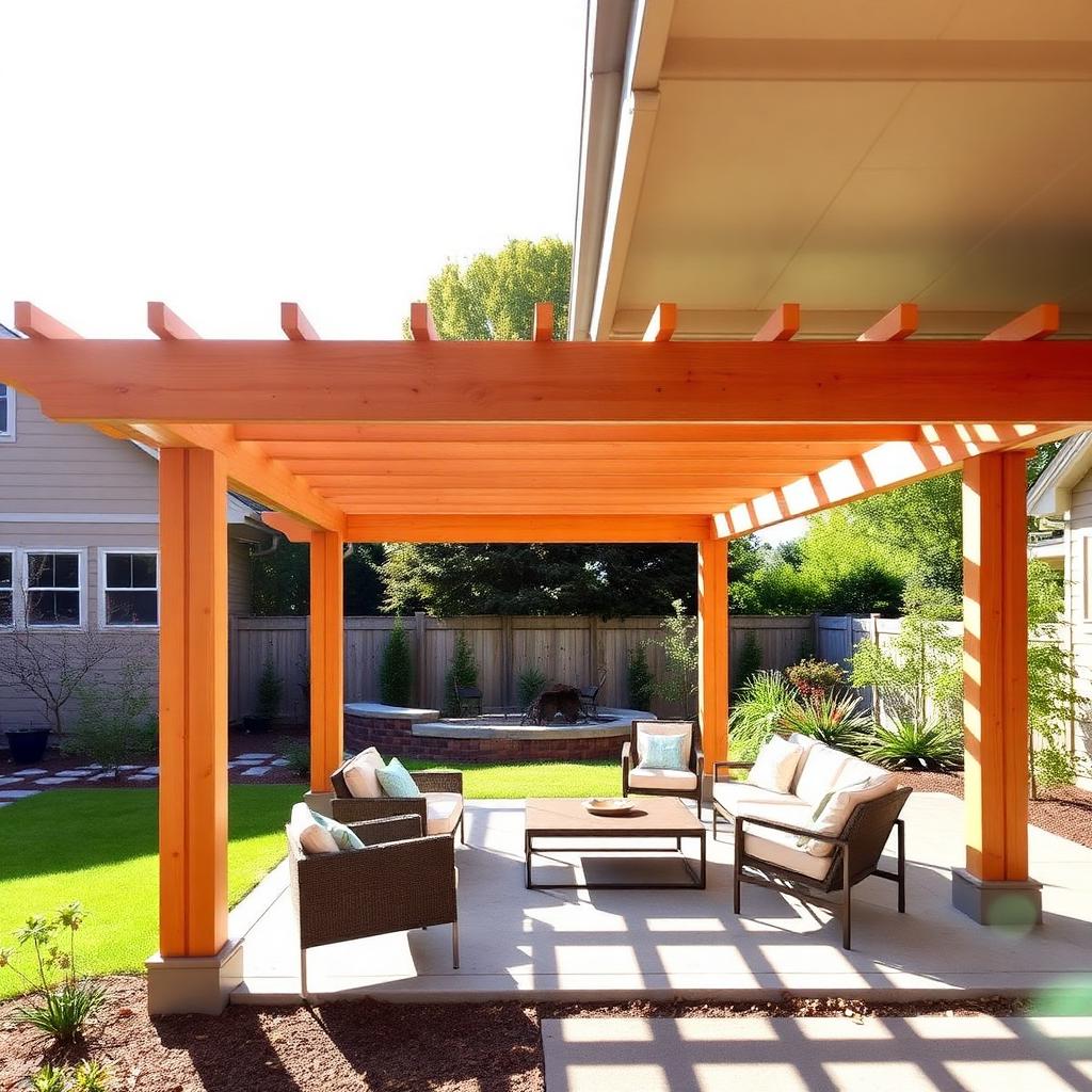 Cedar pergola with open rafters over a backyard patio with outdoor furniture