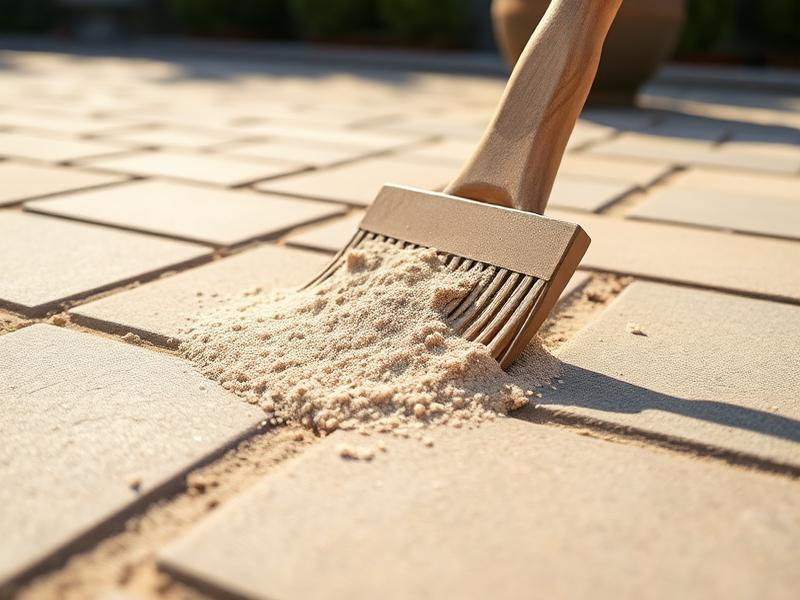 Beige polymeric jointing sand being swept into the joints between concrete pavers on a sunny patio