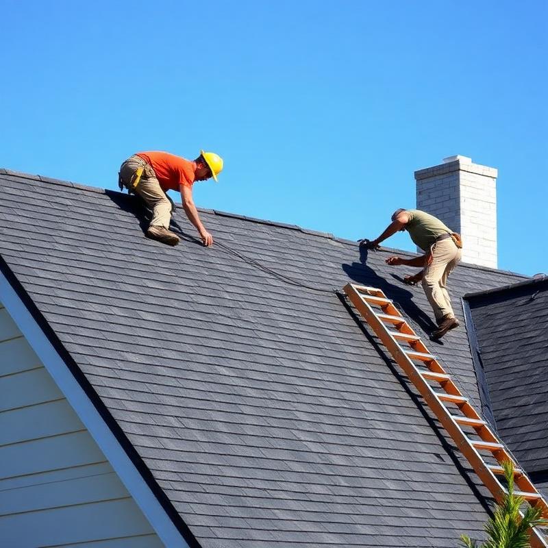 Roofers installing asphalt shingles on a residential home