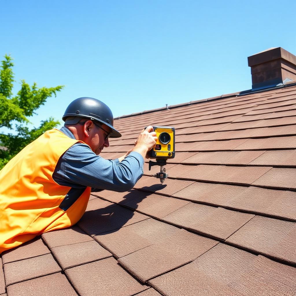 Roofer measuring roof pitch with a digital level on shingles