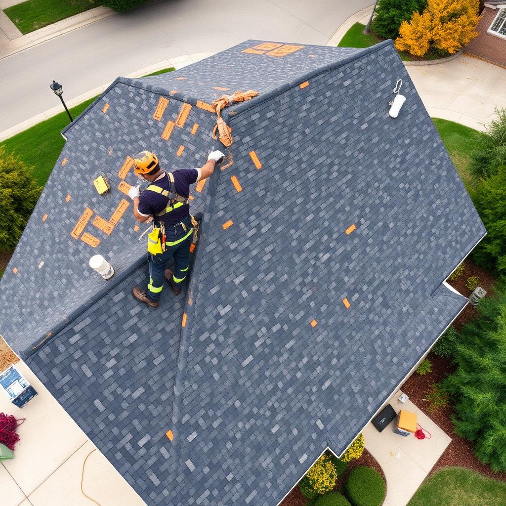 Roofing crew replacing shingles on a suburban home viewed from above