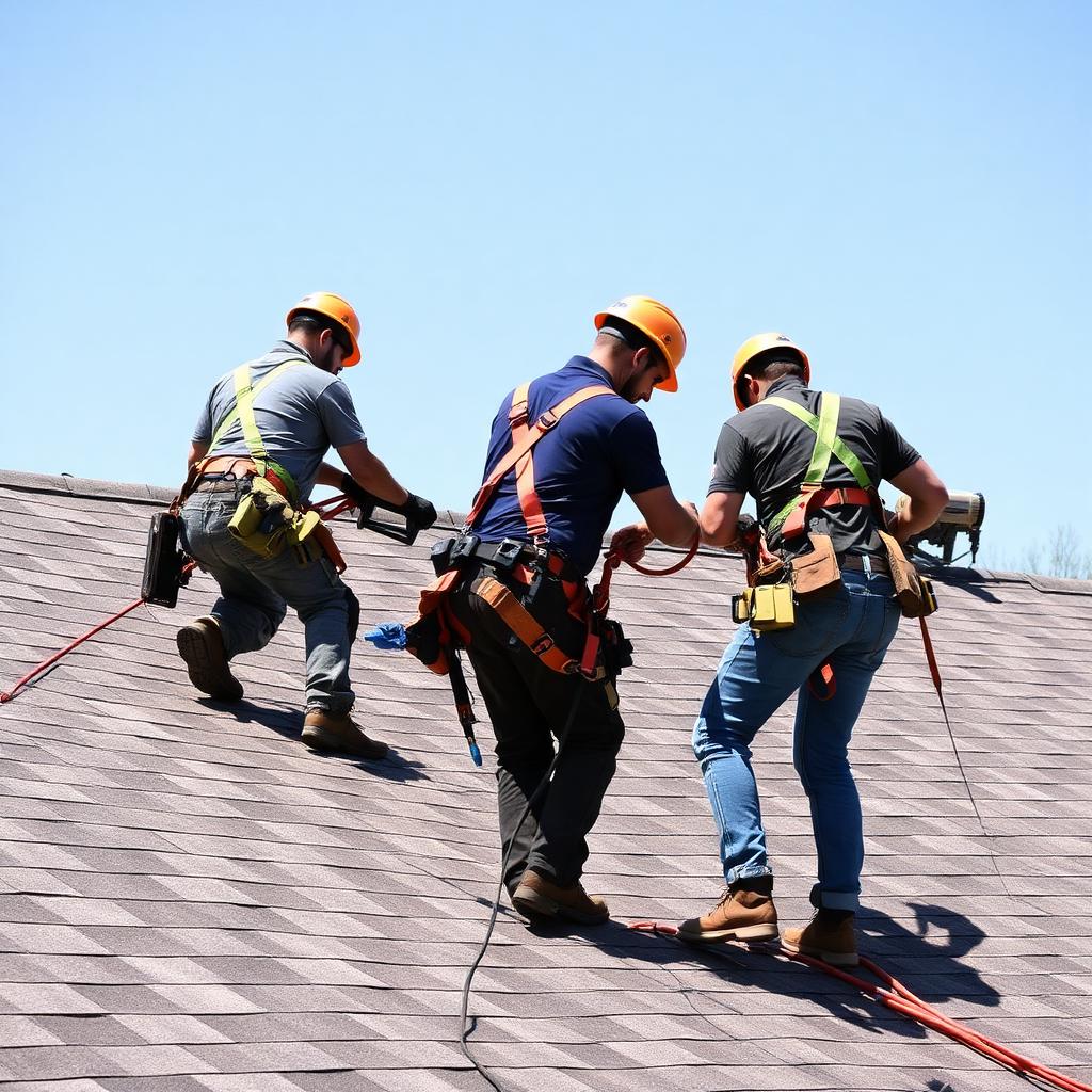 Roofing crew in harnesses installing shingles on a residential roof