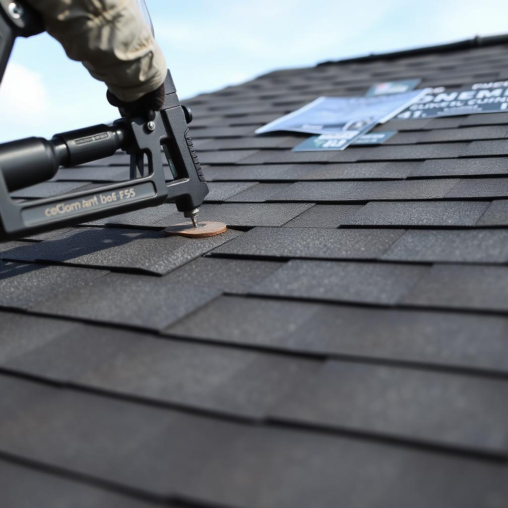 Close up of dark asphalt shingles being installed with a nail gun
