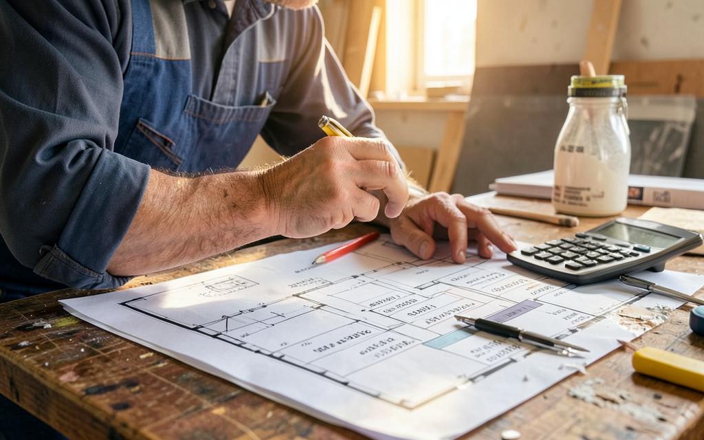 Contractor comparing renovation cost estimates on a workbench with a calculator