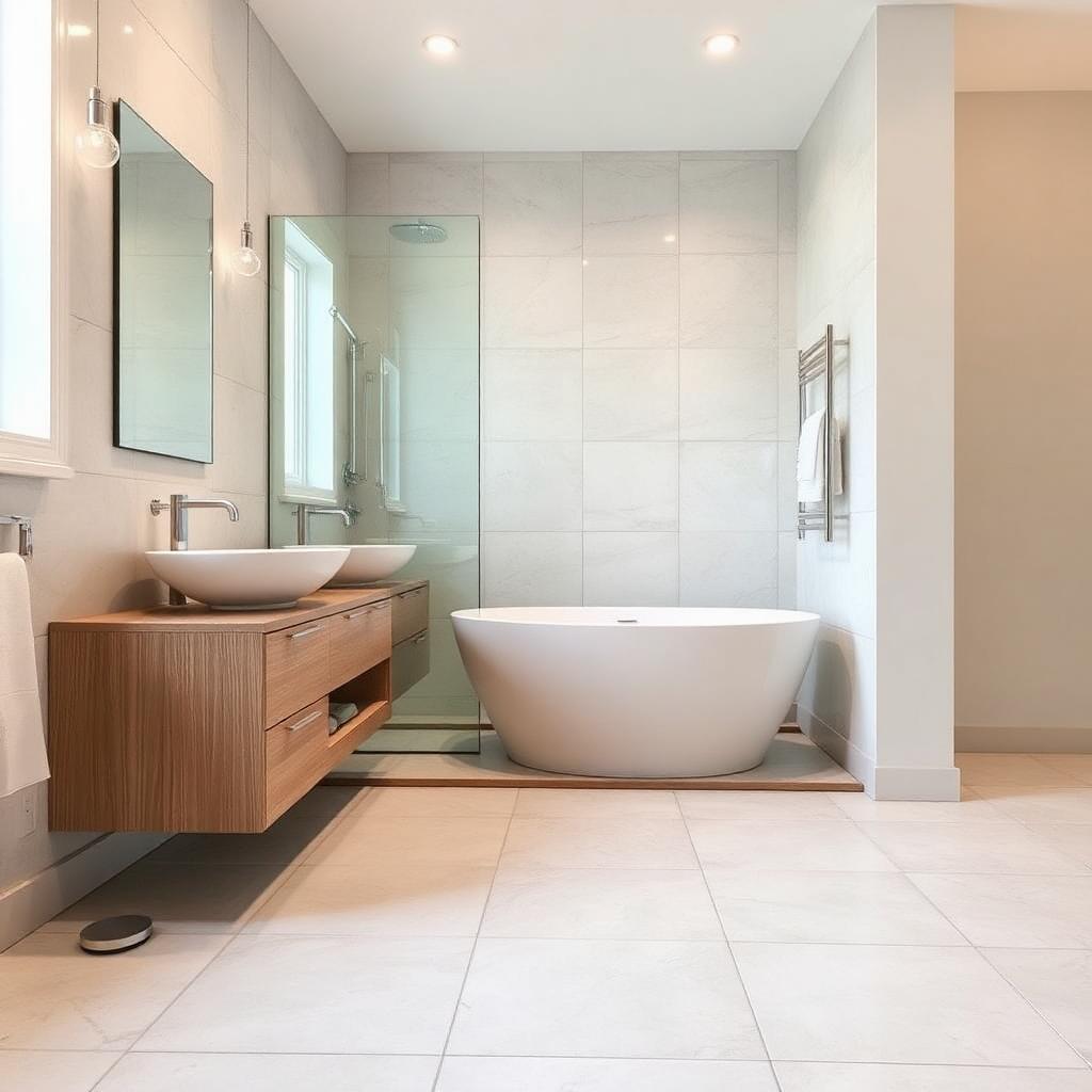 Modern bathroom with large format tile flooring being installed