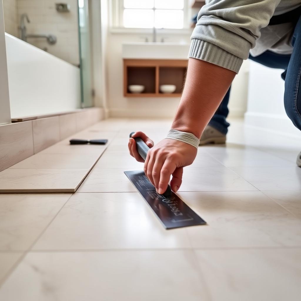Contractor installing large format porcelain floor tiles with notched trowel and thinset in a bright bathroom