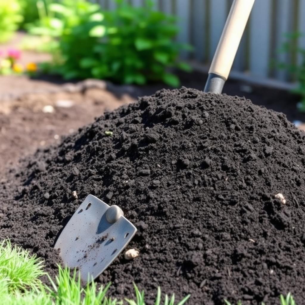 Pile of dark screened topsoil with a shovel beside a freshly prepared garden bed