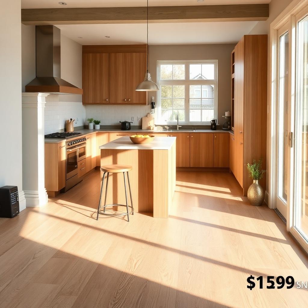 Kitchen with wide luxury vinyl plank flooring in warm oak tone