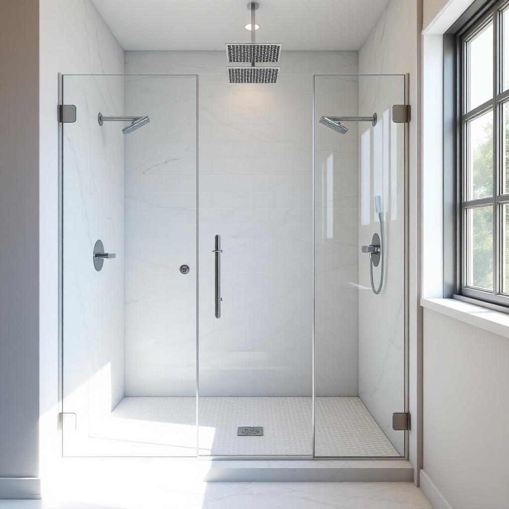 Modern walk-in tile shower with frameless glass door and rain showerhead