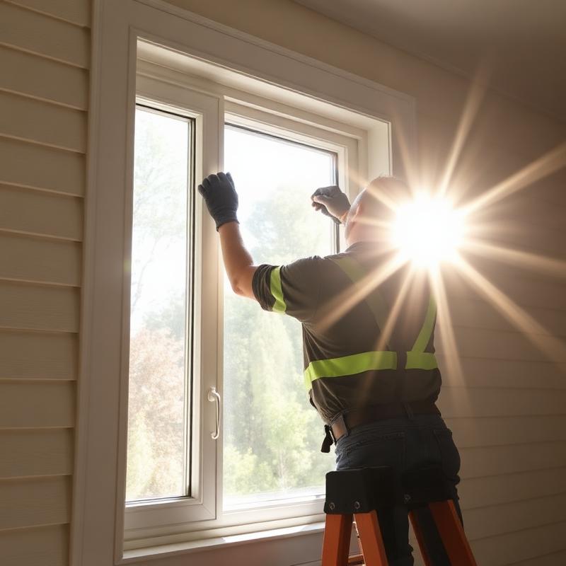 Contractor installing a new vinyl replacement window in a suburban home