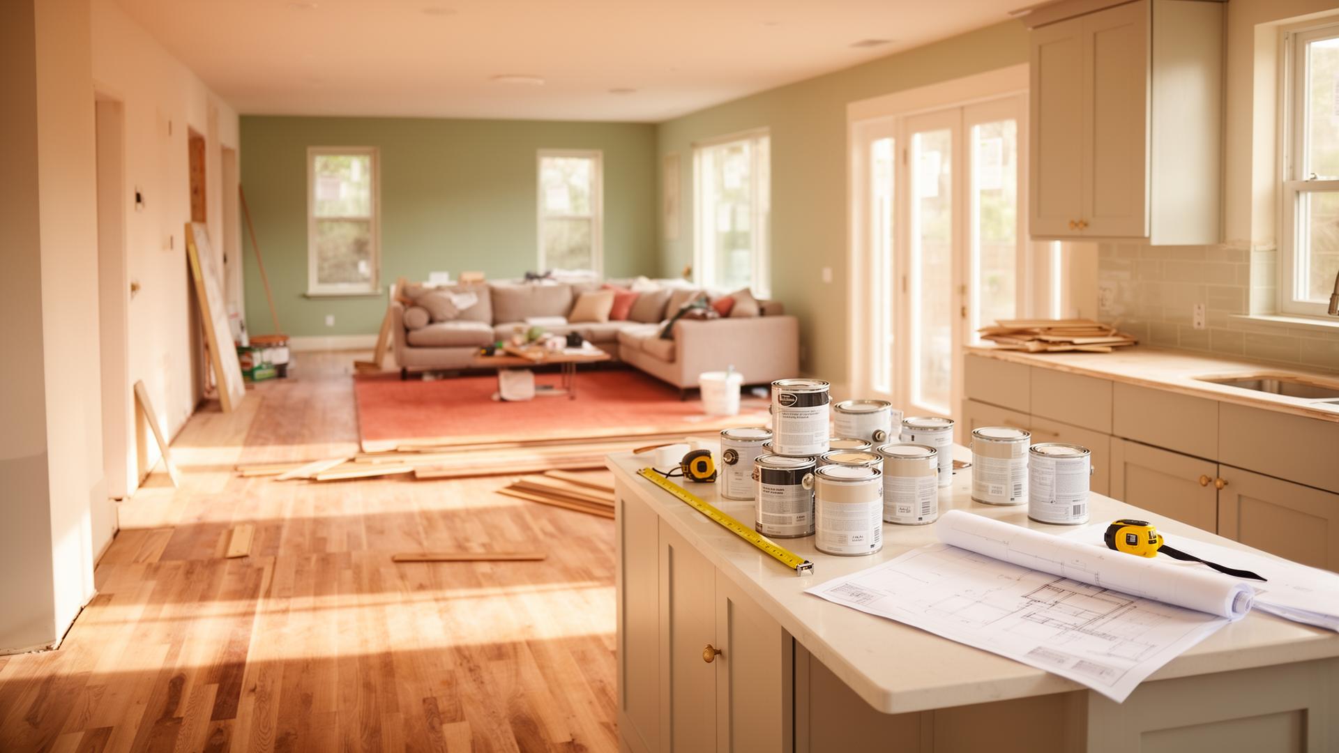 Bright modern home interior during renovation with paint cans, wood flooring and blueprints